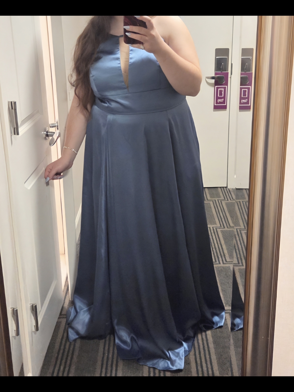 Galina Steel Blue Satin Maxi Dress with Pockets And Keyhole Neckline